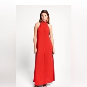 Zara Womens LG Red Satin Maxi Dress Low Back Tie Neck Formal Holiday